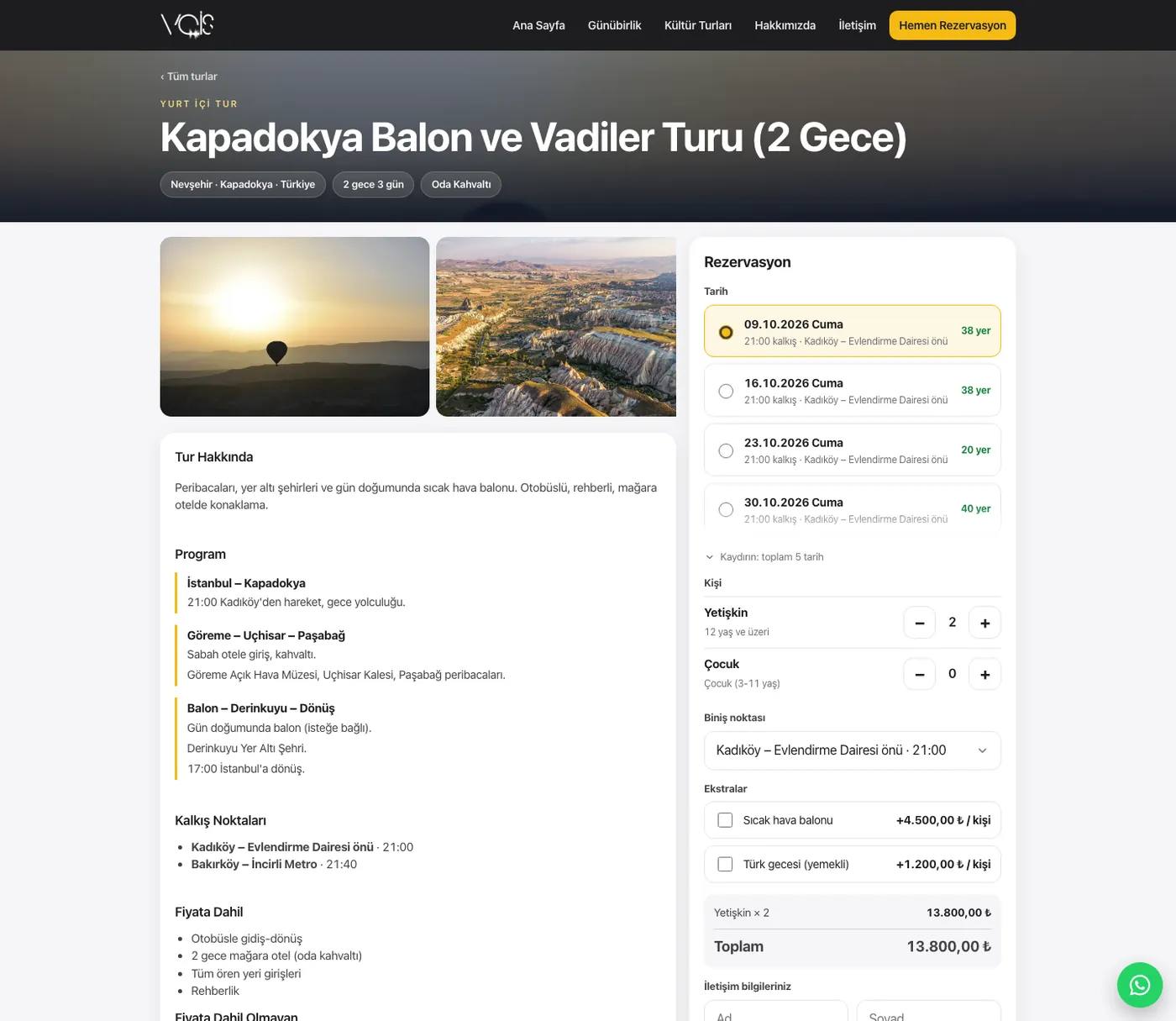 Tur sayfası ve rezervasyon formu