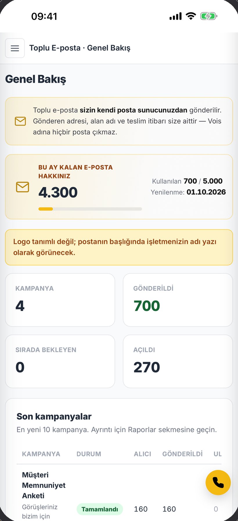 Vois Business telefonda — toplu e-posta