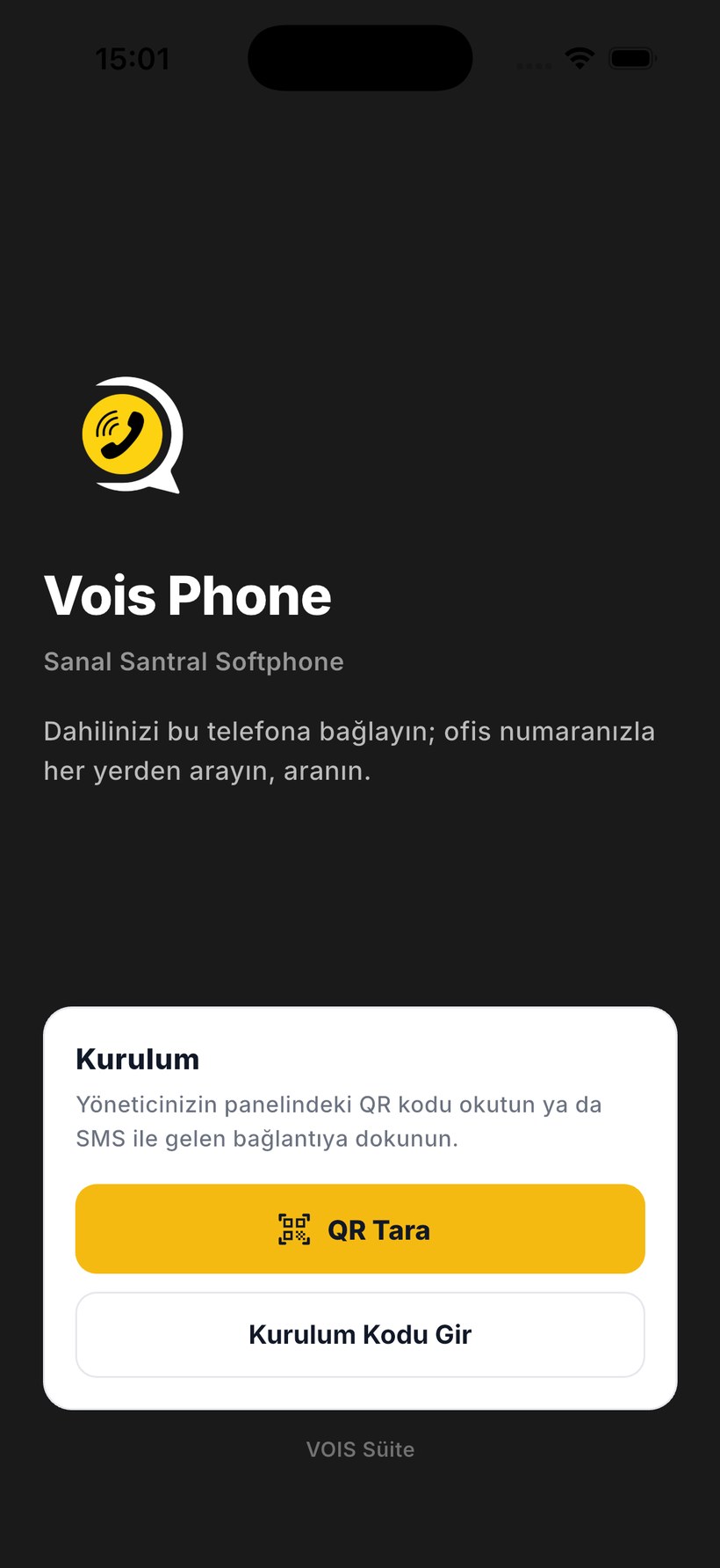 VoisPhone kurulum ekranı — QR tara veya kurulum kodu gir